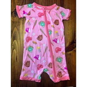 Little Sleepies Pink Baseball All Star Bamboo Shorty Zippy Romper 12-18 Months